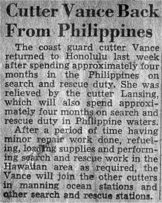 Cutter Vance Back From Philippines Newspaper unknown --  click below for text article